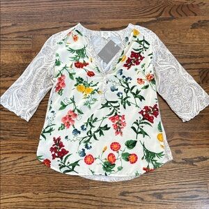 NWT, Anthropologie Ivory Floral V-Neck Blouse with Button Tab Sleeves